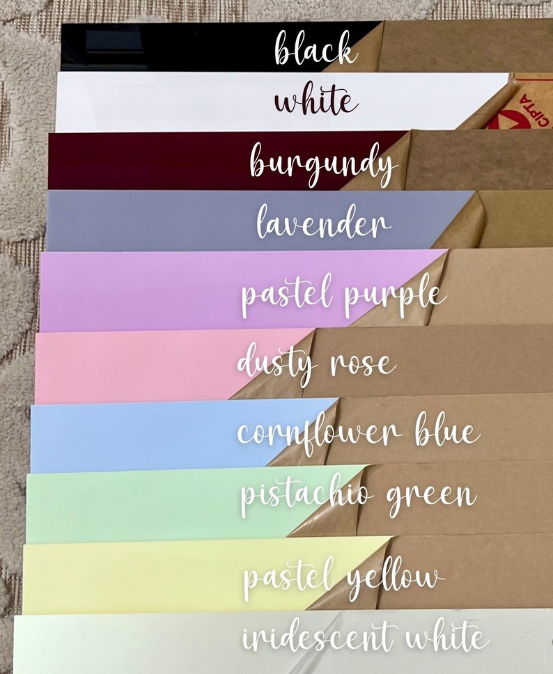 May include: A stack of 10 acrylic sheets in various colors, including black, white, burgundy, lavender, pastel purple, dusty rose, cornflower blue, pistachio green, pastel yellow, and iridescent white.