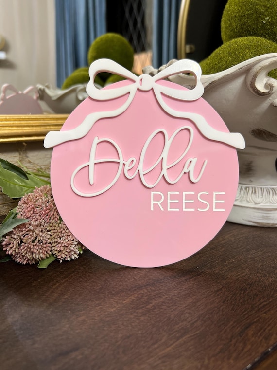 Baby Girl Name Reveal Sign Baby Girl Announcement Sign with Bow Acrylic Baby Hospital Sign Coquette Bow Birth Sign Newborn Photo Prop