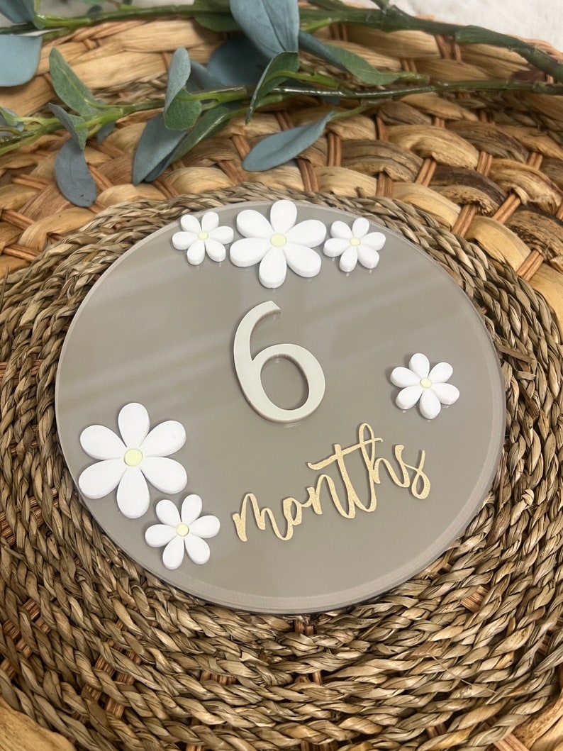 May include: A grey and white round milestone marker with the number 6 and the text "months" in gold lettering. The marker is decorated with white daisy flowers.