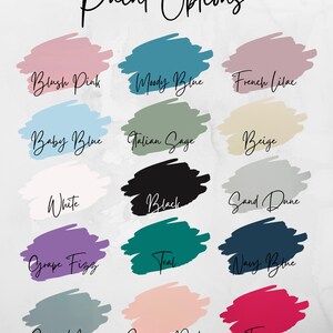 May include: A chart of paint colour options with names like Blush Pink, Moody Blue, French Lilac, Baby Blue, Italian Sage, Beige, White, Black, Sand Dune, Grape Fizz, Teal, Navy Blue, Silver Martin, Seashell Pink, and Fuchsia.
