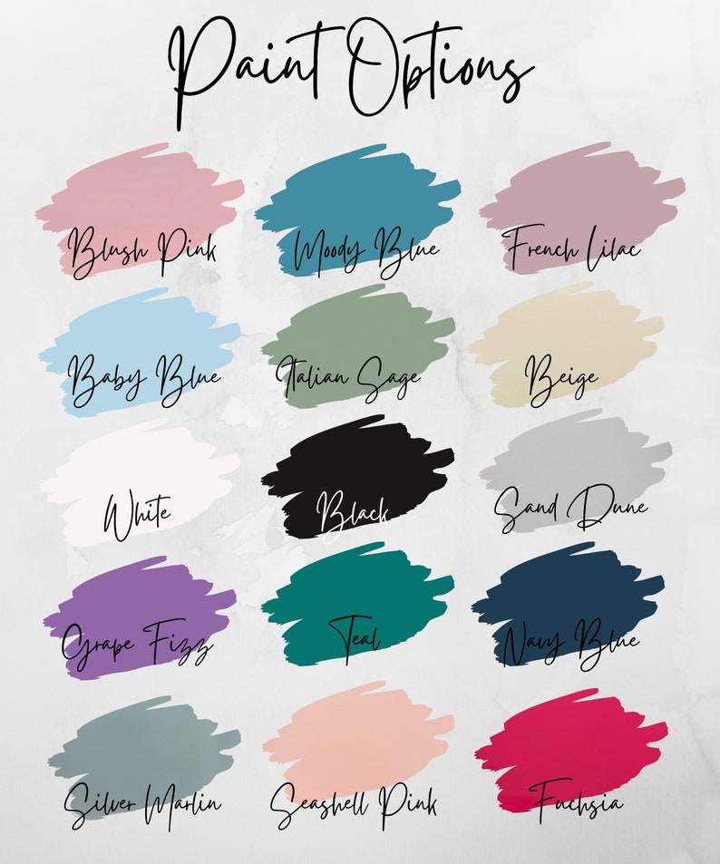 May include: A chart of paint colour options with names like Blush Pink, Moody Blue, French Lilac, Baby Blue, Italian Sage, Beige, White, Black, Sand Dune, Grape Fizz, Teal, Navy Blue, Silver Martin, Seashell Pink, and Fuchsia.