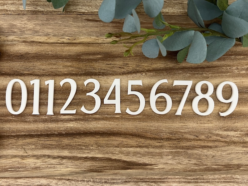 May include: White wooden numbers 01123456789 on a brown wooden background.