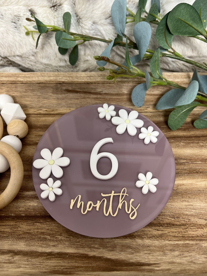 May include: A purple round milestone marker with white flowers and a gold inscription that reads "6 months".