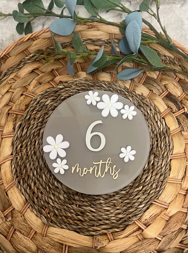 May include: A grey round milestone marker with white daisies and gold lettering. The marker says "6 months".