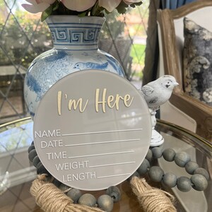 I'm Here Baby Stat Sign Acrylic Baby Birth Announcement Hello World Newborn Sign Baby Photo Prop Baby Shower Gift for New Mom image 3