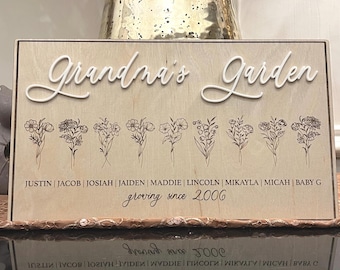 Personalisiertes Omas Gartenschild, benutzerdefinierte Geburtsblumen-Namensschild, Enkelnamen-Schild, Familienblumenbrett, Muttertagsgeschenk