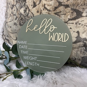 Hello World Baby Stat Sign, Acrylic Baby Birth Announcement, Hello World Sign, Newborn Photo Prop, Baby Shower Gift, Gift for New Mom,