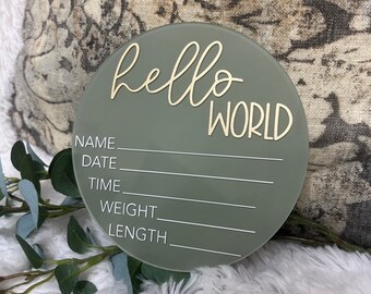 Hello World Baby Stat Sign, Acrylic Baby Birth Announcement, Hello World Sign, Newborn Photo Prop, Baby Shower Gift, Gift for New Mom,