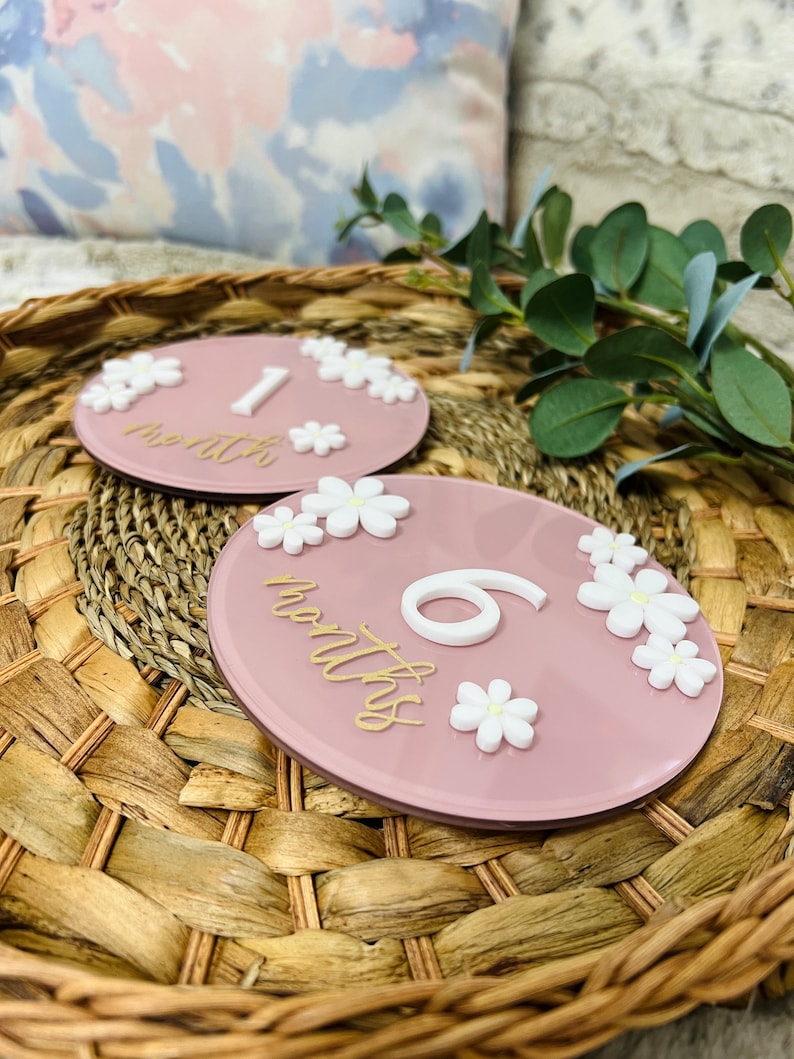 May include: Two pink round baby milestone markers with white flowers and gold lettering. The first marker says "1 month" and the second marker says "6 months".