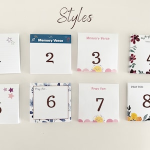 Peut inclure: Huit styles différents de cartes de notes imprimables avec divers motifs. Les motifs comprennent des motifs floraux, des étoiles et un soleil. Les cartes sont numérotées de 1 à 8. Le texte "Memory Verse" et "Pray for" est également inclus sur les cartes.