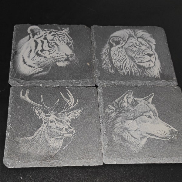 Wild and Rustic Slate Coasters - Engraved with Lion, Stag, Wolf, Tiger and more - Perfect for Animal Lovers Gift or Home Decor