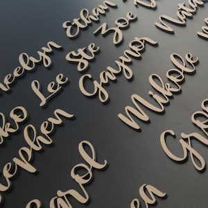 May include: Close-up of a set of wooden names, including "Evelyn", "Ethan", "Lee", "Zoe", "Stephen", "Gaynor", "Mikolle", and "Nathan". The names are cut out of wood and have a rustic, hand-painted look.