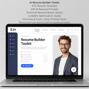 Op de afbeelding: Een laptop toont een "Resume Builder Toolkit" interface met een lachende man in een blazer. Tekst bovenaan vermeldt functies: ATS Resume Template, 100 AI Resume Prompts en LinkedIn Optimization Guide. Het scherm toont een website-interface.