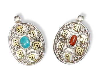 Tibetan Silver Ghau Pendant, Buddhist Prayer Box Amulet, Handcarved wit "Ohm Mani Padme Uhm" TIBETAN MANTRA & Stones, Handmade in Nepal