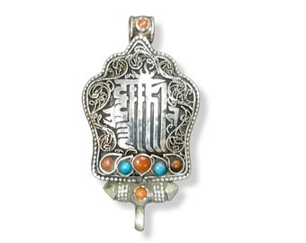 Tibetan Silver Ghau Pendant, Buddhist Prayer Box Amulet, Handcarved with Protection KALACHAKRA MANTRA & Stones Setting, Handmade in Nepal