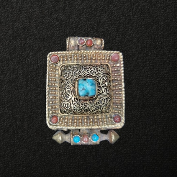 Antique Tibetan Ghau Pendant, Buddhist Prayer box Amulet, TRIANGLE or SQUARE Design, Coral & Turquoise Stones Setting, Handmade in Tibet