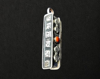 Tibetan Silver Ghau Pendant, Buddhist Prayer Box Amulet, Handcarved with DORJEE & TIBETAN MANTRA with Coral Stones, Handmade in Nepal