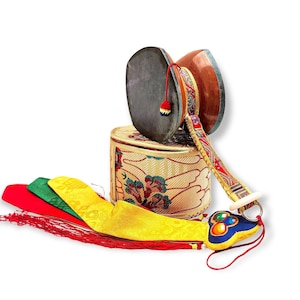 SMALL SIZE - Tibetan Chod Damaru, Small Size, Handmade with Himalayan Segdeng Wood & Leather, Handmade in Nepal by Tibetan Community