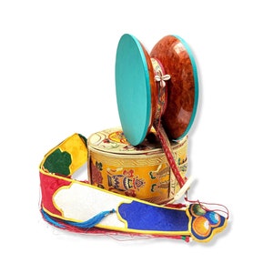 LARGE SIZE - Tibetan Chod Damaru, Handmade with Rare Bhutanese Wood & Conch Shell, Round Design, Handmade in Nepal by Tibetan Community