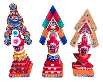 TORMA SET, Tibetan Buddhist Wooden Torma Set with 3 Pieces, 10x10x40 cm, Handpainted with Thangka Colors, Handmade in Nepal