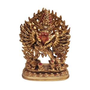 22 cm, Tibetan Statue of Yamantaka Vajrabhairava, Handbeaten with Full Fire Gold Handplating, Handpainted Face with Gold,Handmade in Nepal