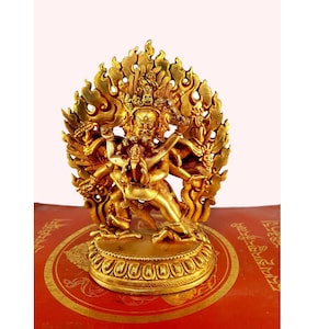 12 cm, Buddhist Statue of Vajrakilaya with Shakti, Fine Hancarved Quality, Full Gold Handplated, Handmade in Nepal by Tibetan Community