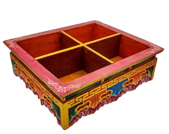 33 x 38 cm, Traditional Tibetan Centerpiece Serving Box with Four Container Compartments, Handpainted with Thangka Colors, Handmade in Nepal