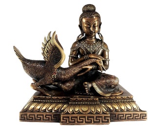 29 CM, Buddhist Statue of Siddhartha Gautama Buddha With Swan, High Quality Copper Handcarved with Antique Finishing, Handmade in Nepal