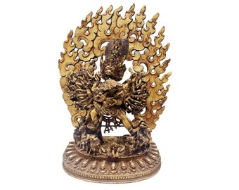 42 cm, Buddhist Statue of Yamantaka, Handbeaten with Full Gold Handplating & Hamdmade Antique Finishing, Handmade in Nepal