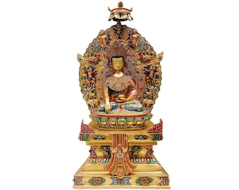 71 cm, Buddhist Statue Of Shakyamuni Buddha On Throne, Full Fire Gold Plated, Handpainted Face,Stone Setting & Thangka Colors, Made in Nepal