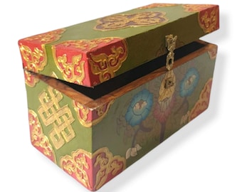 MEDIUM SIZE -Traditional Tibetan Wooden Box, Handcarved with Lotus and Buddhist Symbols, Handpainted with Thangka Colors, Handmade in Nepal