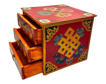 25 x 28 cm, Traditional Tibetan Wooden Chest of Drawers with 3 Drawers & Buddhist Symbols, Handpainted with Thangka Colors, Handmade in Nepal