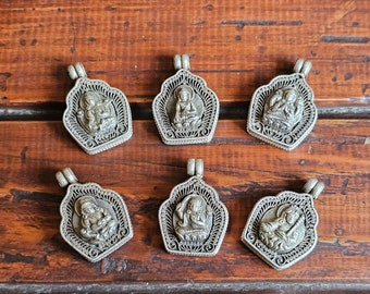Vintage Tibetan Silver Ghau Pendants, Buddhist Prayer Box Amulets, Handcarved with Bodhisattvas & Typical Siku Filigree, Handmade in Nepal