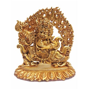 12 cm, buddhistische Statue des Mahakala des schwarzen Umhangs, Kajupa Mahakala, handgeschlagen und vollvergoldet, handgefertigt in Nepal