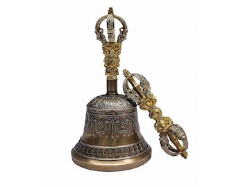 18 cm, Buddhist Pure Brass Bell and Dorjee/Vajra Set, High Quality Hancarving with Tibetan Design & Antique Finishing, Handmade in Nepal