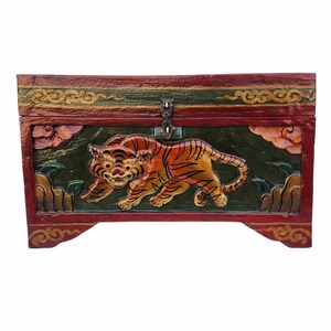 BIG SIZE Traditional Tibetan Wooden Box, Handpainted with Tibetan Symbols & Himalayan Thangka Colours, Many Design,Handmade in Nepal Tiger Design