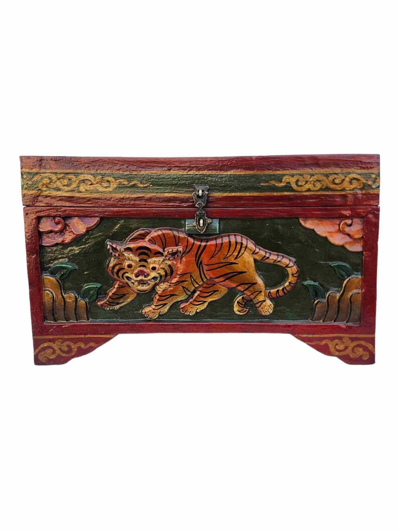 BIG SIZE Traditional Tibetan Wooden Box, Handpainted with Tibetan Symbols & Himalayan Thangka Colours, Many Design,Handmade in Nepal Tiger Design