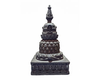 26 cm, Estupa budista ABIERTA para oraciones, tallada a mano con piedra negra y diseño de cinco budas Dhyani, budas Pancha, hecho a mano en Nepal