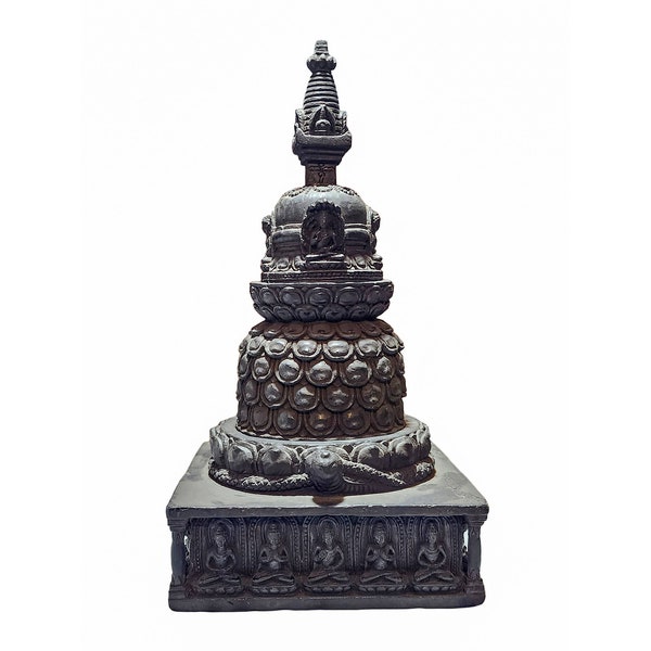 26 cm, OPENABLE Buddhist Stupa for Prayers, Handcarved with Black Stone & Five Dhyani Buddhas Design, Pancha Buddhas, Handmade in Nepal