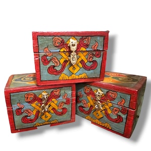 PETITE TAILLE - Boîte en bois tibétaine traditionnelle, peinte à la main avec un symbole tibétain à nœud sans fin avec des couleurs Thangka de l'Himalaya, fabriquée à la main au Népal