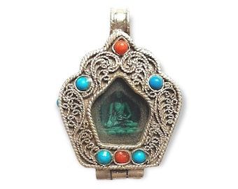 Tibetan Silver Ghau Pendant, Buddhist Prayer Box Amulet, Hancarved with Buddha, Traditional Silver Siku Design & Stones, Handmade in Nepal.