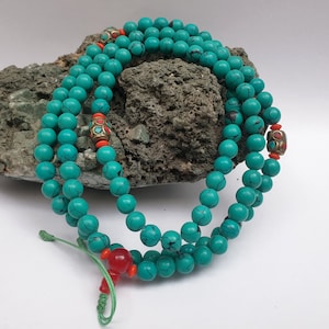 8 mm - 108 Real Turquoise Prayer Beads Mala for Mantra chanting, Essential tool for a meditation, Handmade in Nepal by Tibetan Community