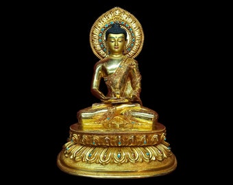 30 cm, Buddhist Statue of Amitabha Buddha, Handcarved with Full Gold Plating & Stones Setting, Handpainted Face with Gold, Handmade in Nepal