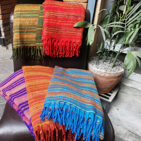 210 x 105 cm, Himalayan Yak Wool MEDITATION BLANKETS, Warm & Soft, Handloomed with Stripes Design, Handmade in Nepal on Himalayan Region