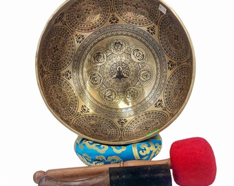 27 cm, Buddhist Jambati Singing Bowl with Yoga Man Design & Chackras Designs, Meditation Tool/Home Decor, Fine HandCarving,Handmade in Nepal
