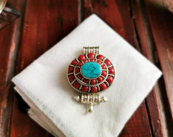 Tibetan Ghau Pendant, Buddhist Prayer box Amulet, Handcarved with White Metal, Corals & Turquoise Stone Setting, Handmade in Nepal.