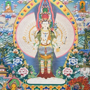 105 x 152 cm, Tibetan Buddhist Thangka Painting with Sahasrabhuja/Avalokiteshvara with Thousand Arms, Handpainted with 24k Real Gold in Nepal