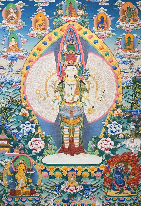 105 x 152 cm、チベット仏教タンカ絵画、千の腕を持つサハスラブジャ