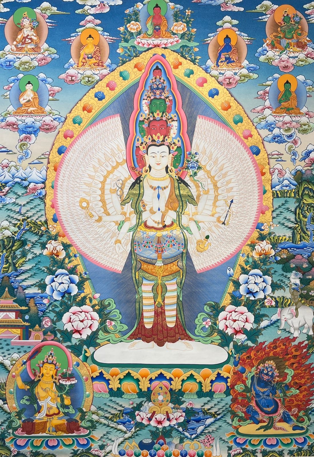 105 x 152 cm、チベット仏教タンカ絵画、千の腕を持つサハスラブジャ