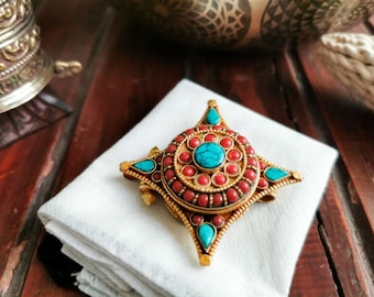 Tibetan Ghau Pendant, Buddhist Prayer Box Amulet, Handcarved with Madala Design & Stones Setting, Handmade in Nepal